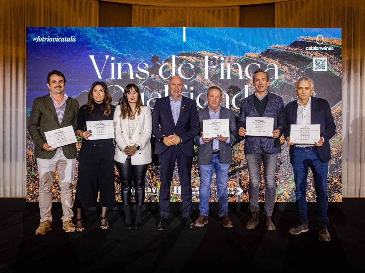 El conseller d'Acció Climàtica i la directora general de l'INCAVI amb els representants dels cinc cellers guanyadors.